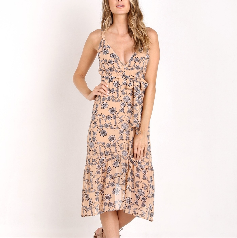 For Love And Lemons Floral Midi Dress in Peach and Blue